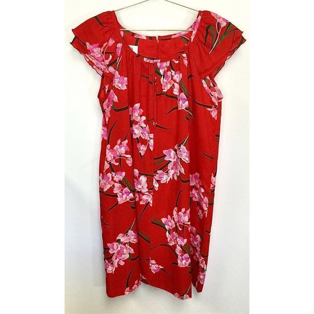 Vintage Jana Womens Red Multi Floral Flutter Sleeve Hawaiian Midi Dress Size 10‎